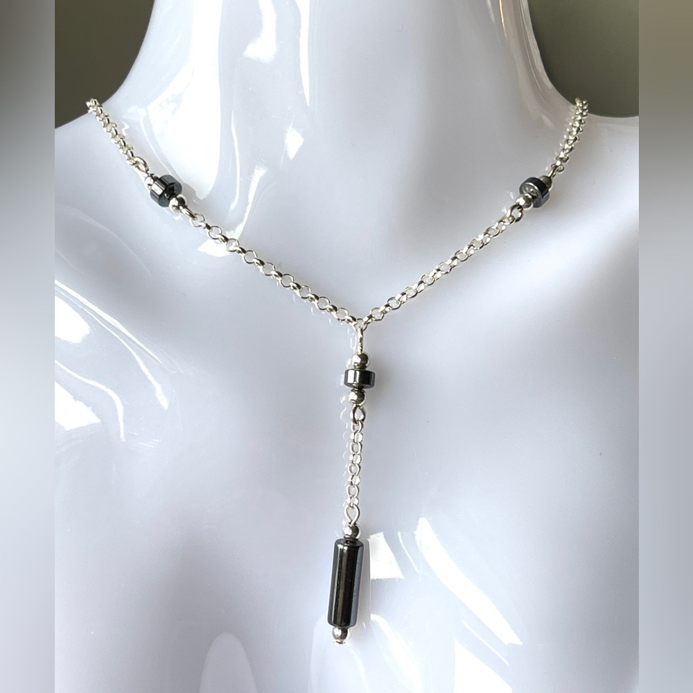 Sterling silver and Hematite V-drop Necklace 16” with 2” drop